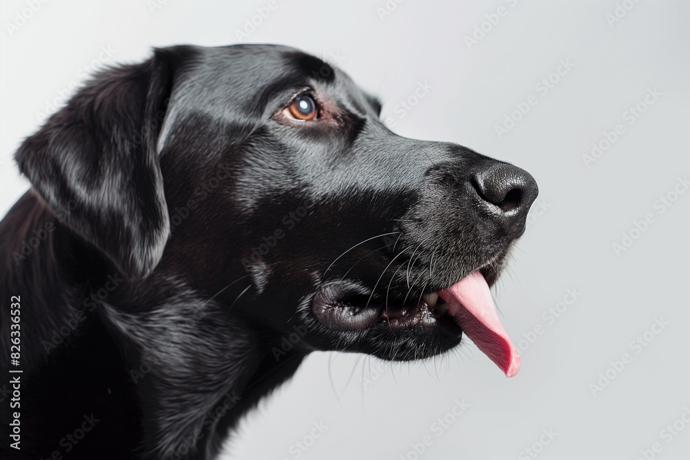 In a studio photo, a friendly black Labrador is captured, exuding warmth and approachability. The Labrador's glossy black coat gleams, and its mouth is slightly open. In a studio photo, a friendly black Labrador is captured, exuding warmth and approachability. The Labrador's glossy black coat gleams, and its mouth is slightly open.