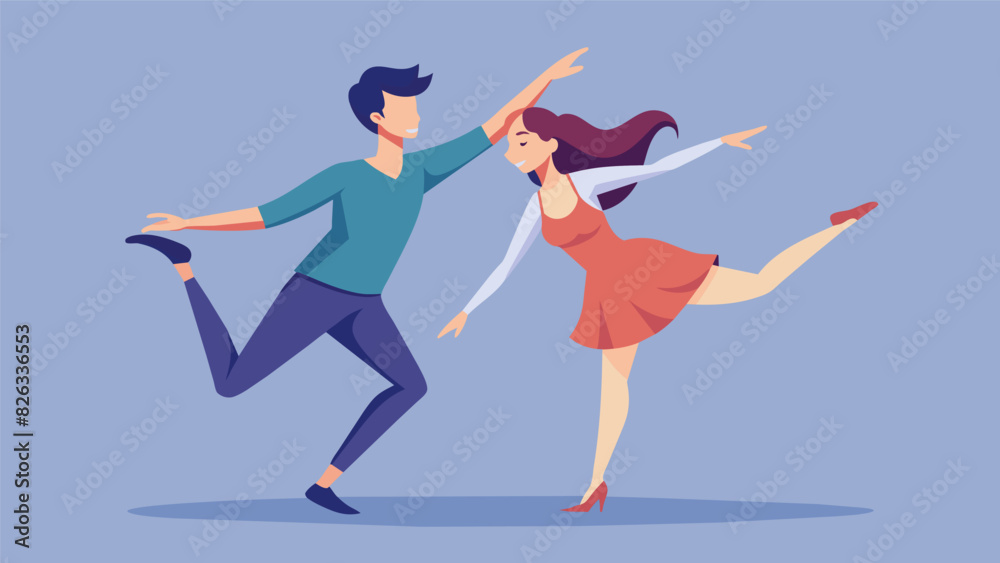 A pair of teenage dancers perform a beautifully choreographed routine set to the rhythm of a live youth band.. Vector illustration A pair of teenage dancers perform a beautifully choreographed routine set to the rhythm of a live youth band.. Vector illustration