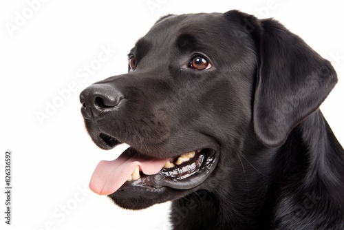 In a studio photo  a friendly black Labrador is captured  exuding warmth and approachability. The Labrador s glossy black coat gleams  and its mouth is slightly open. 