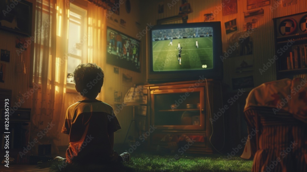 This is a nostalgic retro childhood concept. An excited young boy watches a soccer match on TV in his room with outdated décor. He supports his favorite football team as the players score goals.