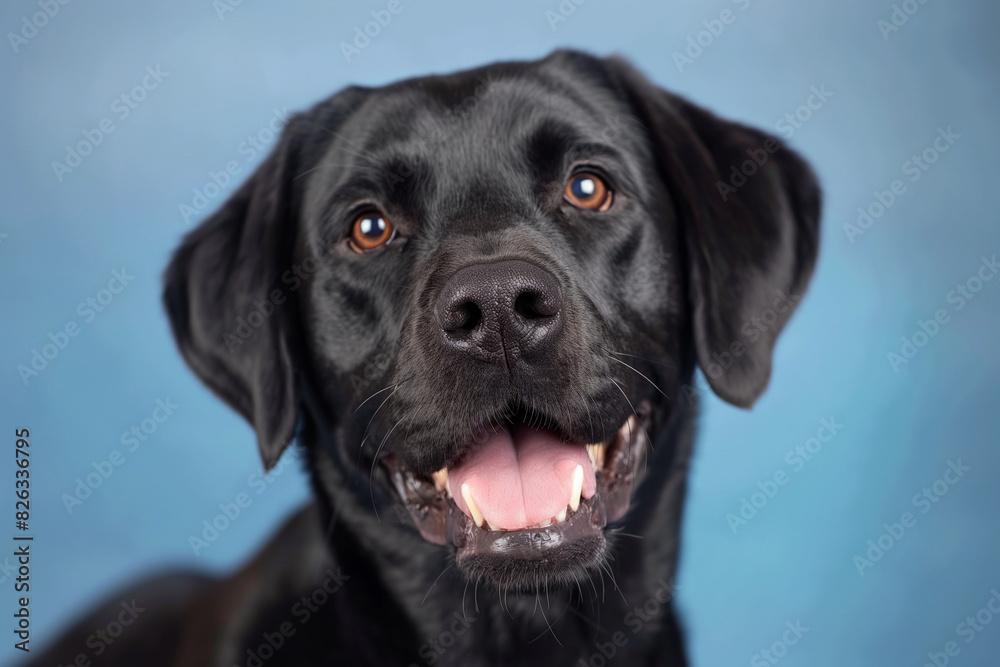 In a studio photo, a friendly black Labrador is captured, exuding warmth and approachability. The Labrador's glossy black coat gleams, and its mouth is slightly open. 