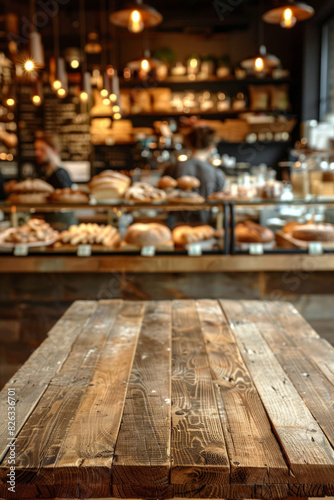 A wooden counter in the foreground with a blurred background of a bakery shop. The background shows display cases filled with fresh pastries  bread  and cakes. 