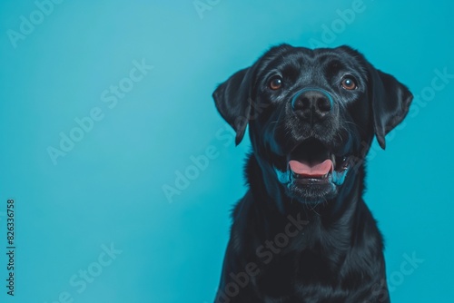 In a studio photo  a friendly black Labrador is captured  exuding warmth and approachability. The Labrador s glossy black coat gleams  and its mouth is slightly open. 