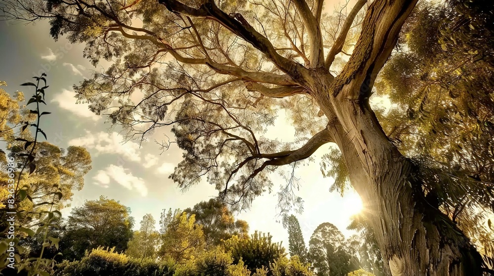 Naklejka premium A towering tree stands alone amidst a dense forest, bathed in golden sunlight filtering through its verdant foliage, against a backdrop of azure sky