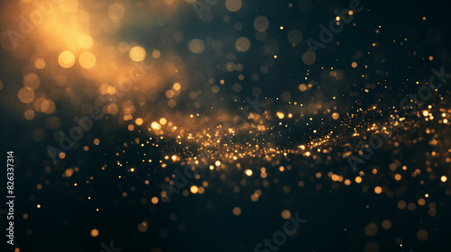 Magical ambience with numerous golden particles floating through a dark, atmospheric background
