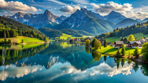 austrian landscape with lake mountines and hoses  photo