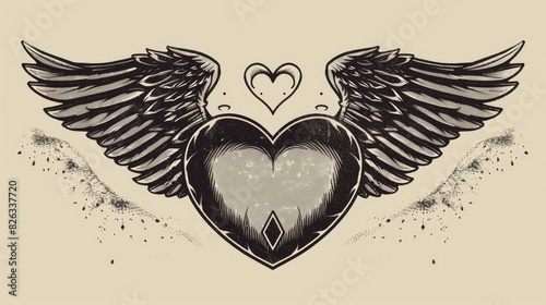 Bohemian blackwork heart tattoo with wings and dotwork Mystical love symbol design for t shirt poster textile