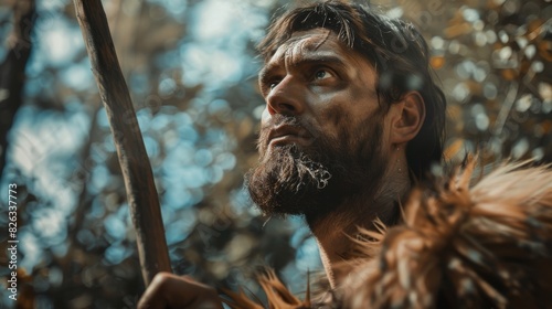 Neanderthal hunting. Caveman wearing animal skin holds a stone-tipped spear and looks around. photo