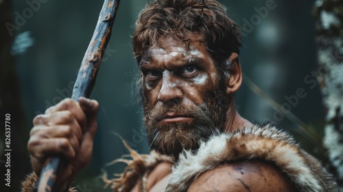 A prehistoric caveman wearing animal skin and fur is seen hunting in a prehistoric forest with a stone-tipped spear in the prehistoric forest. A Prehistoric Neanderthal Hunter poses before throwing a photo