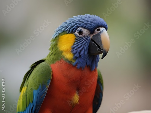 A colorful parrot with a black and yellow beak and blue, red and yellow feathers on a white background