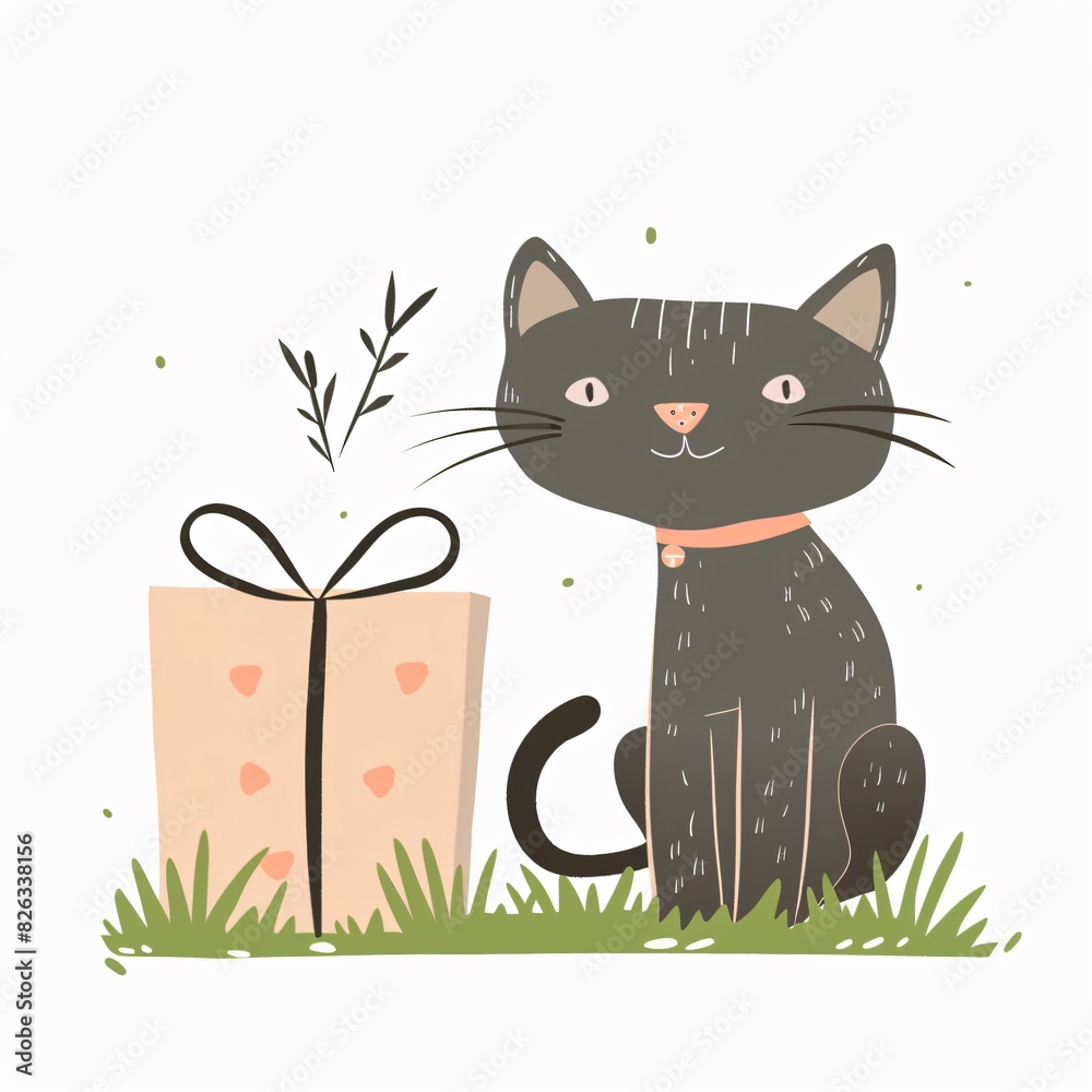 Illustration of a black cat sitting on the grass with a gift box next to it, on white background Illustration of a black cat sitting on the grass with a gift box next to it, on white background