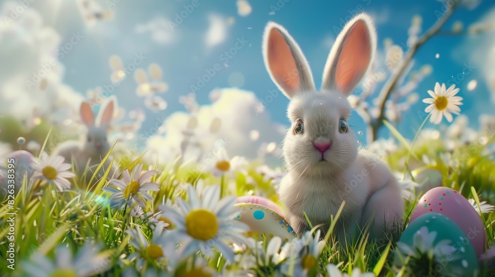 3D rendering of bunnies with colorful eggs in meadow under beautiful sky. Easter landscape. 3D rendering of bunnies with colorful eggs in meadow under beautiful sky. Easter landscape.