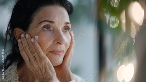Beautiful Caucasian Woman looking in a mirror, touching her gorgeous face and soft skin. Elderly Lady with Black Curly Hair. Images of Sensual Wellness and Organic Skincare Products. Portrait Shot. photo