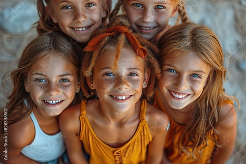 Cheerful joyful cute little children playing together and having fun. Group portrait of happy kids huddling, looking up at camera and smiling. Low angle, view from the top. Friendship concept photo