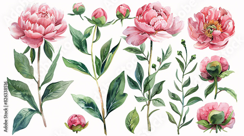 Watercolor illustration of pink peonies and buds, ideal for celebration and garden-themed designs, isolated on white background