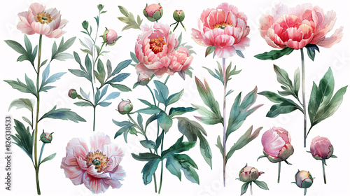 Watercolor illustration of pink peonies and buds, ideal for celebration and garden-themed designs, isolated on white background