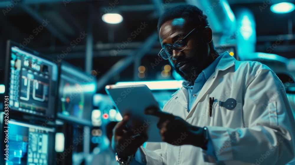 In a closed conference, a black chief engineer holds a tablet in his hands and discusses new parts for a processor and motherboard. Inspired people create programs for robots. In a closed conference, a black chief engineer holds a tablet in his hands and discusses new parts for a processor and motherboard. Inspired people create programs for robots.