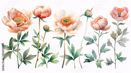 Watercolor illustration of pink peonies and buds, ideal for celebration and garden-themed designs, isolated on white background
