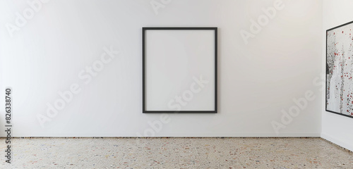 Fototapeta Naklejka Na Ścianę i Meble -  Blank mockup frame on a white wall in an empty room with a terrazzo floor. Realistic 3D render, ultra HD.