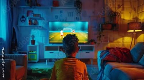 Young Boy Watches a Soccer Match on TV in His Room with Dated Interior. Supporting His Favorite Football Team Getting Excited When Players Score.