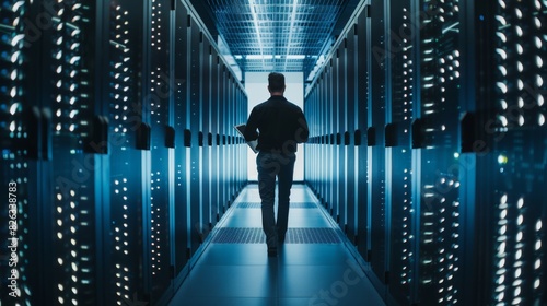 An IT technician traverses rows of server racks in a data center while simultaneously using a tablet computer. photo