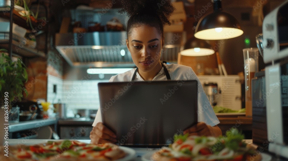 Female Chef Using a Laptop Computer in a Restaurant. Delicious Organic Eco Food at an Authentic Pizzeria. Bi-racial Female Entrepreneur Working in a Family Business. Female Chef Using a Laptop Computer in a Restaurant. Delicious Organic Eco Food at an Authentic Pizzeria. Bi-racial Female Entrepreneur Working in a Family Business.