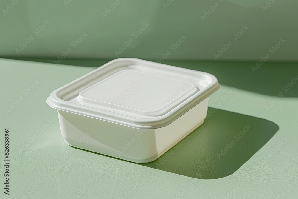 Open white plastic container with lid on a mint green surface highlighting simplicity. Open white plastic container with lid on a mint green surface highlighting simplicity.