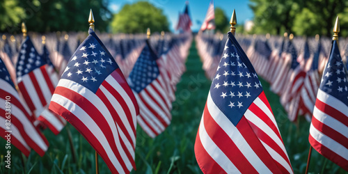 Memorial Day. Veterans Day. American Flags Displayed in a Row Against a Blue Sky. A row of American flags flying in the wind against a clear blue sky.