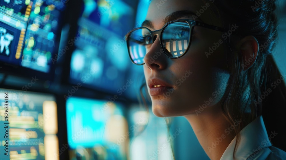 This is a close-up shot of an IT engineer in a monitoring room working with multiple displays. This is a close-up shot of an IT engineer in a monitoring room working with multiple displays.