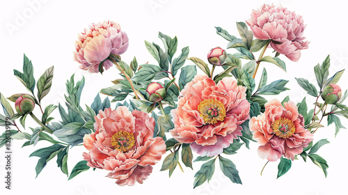 Fototapeta Naklejka Na Ścianę i Meble -  Watercolor illustration of pink peonies and buds, ideal for celebration and garden-themed designs, isolated on white background