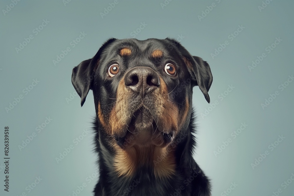 In a studio photo portrait, a majestic Rottweiler is captured looking up at the camera with a dignified yet affectionate expression. In a studio photo portrait, a majestic Rottweiler is captured looking up at the camera with a dignified yet affectionate expression.