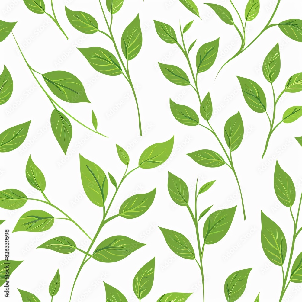 Fototapeta premium Colorful green leaves on white background, seamless pattern, minimalist style, flat lay