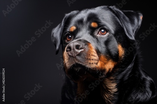 In a studio photo portrait  a majestic Rottweiler is captured looking up at the camera with a dignified yet affectionate expression. 