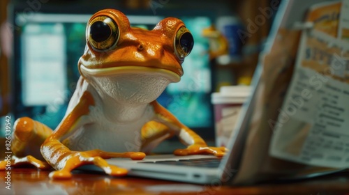 Toy frog sitting on a laptop, suitable for technology concepts