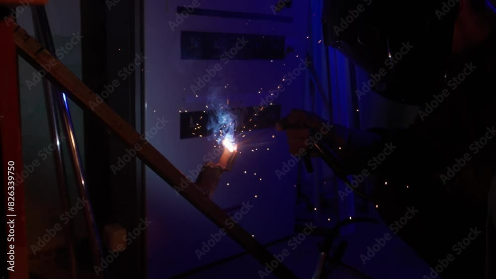 A male welder uses a welding machine on an iron surface, smoke, sparks and flashing lights all around. Male worker is welding steel material. Dark atmosphere with blue light. A male welder uses a welding machine on an iron surface, smoke, sparks and flashing lights all around. Male worker is welding steel material. Dark atmosphere with blue light.