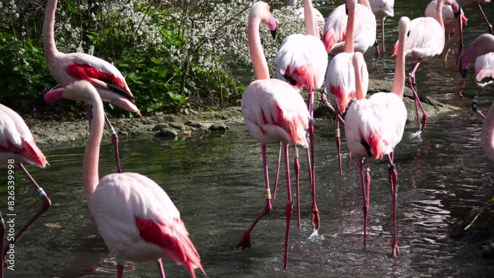 Slow-motion shot of pink flamingos walking on water Slow-motion shot of pink flamingos walking on water