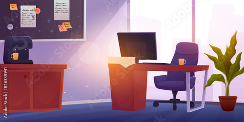 Office interior background. Home boardroom, training. Cartoon illustration conference, whiteboard. Design business room. Flower, table and armchair. Computer and coffee maker. Vector modern space