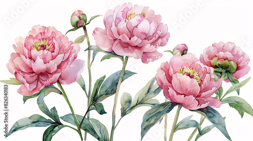 Fototapeta Naklejka Na Ścianę i Meble -  Watercolor illustration of pink peonies and buds, ideal for celebration and garden-themed designs, isolated on white background