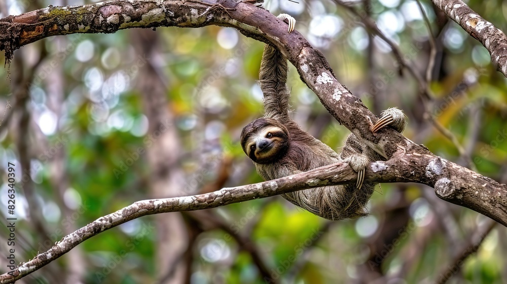 Fototapeta premium A three-toed sloth dangles from a tree branch in a dense forest