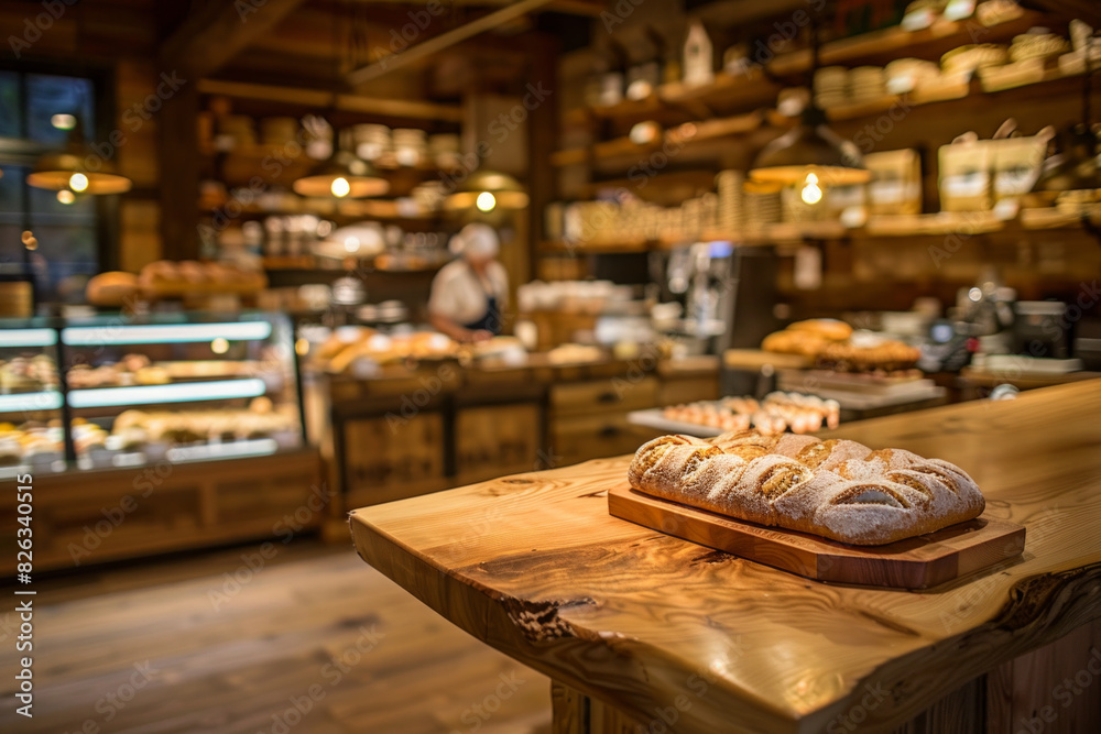 A wooden counter in the foreground with a blurred background of a bakery shop. The background shows display cases filled with fresh pastries, bread, and cakes. A wooden counter in the foreground with a blurred background of a bakery shop. The background shows display cases filled with fresh pastries, bread, and cakes.