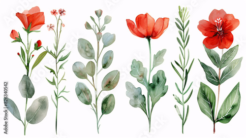 Watercolor illustrations of floral elements, including blooming peonies and nature-inspired decorations, isolated on white background
