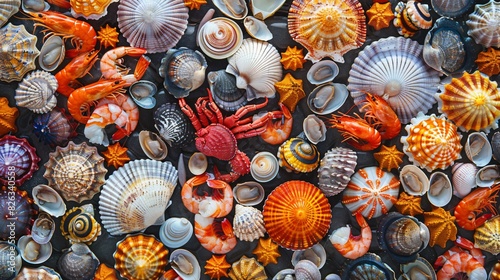Top view of a various types of seafood such as squid, shrimps, clams and crayfish photo