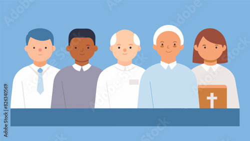 As part of a special sacrament meeting returned missionaries of various ages and backgrounds speak on a panel sharing how their missions impacted. Vector illustration