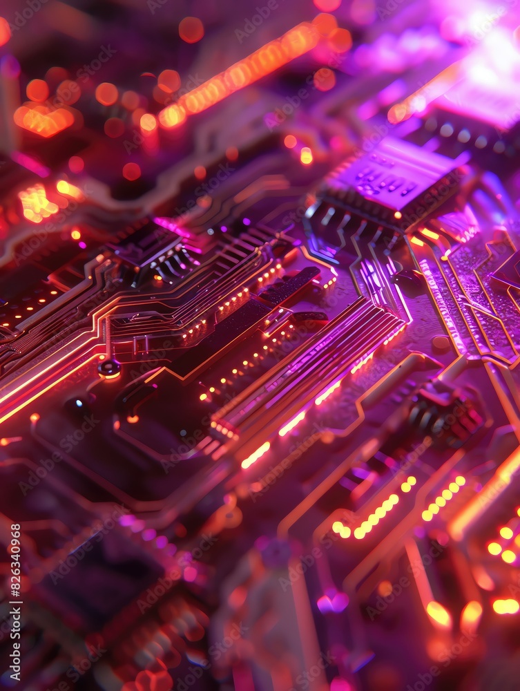 Close-up of a vibrant, illuminated circuit board with intricate electronic components and neon lights creating a futuristic tech atmosphere. Close-up of a vibrant, illuminated circuit board with intricate electronic components and neon lights creating a futuristic tech atmosphere.