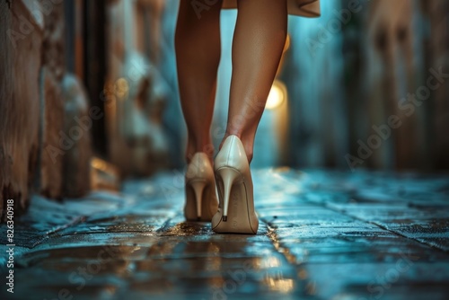 A woman in high heels walking down a wet street. Suitable for urban lifestyle concepts
