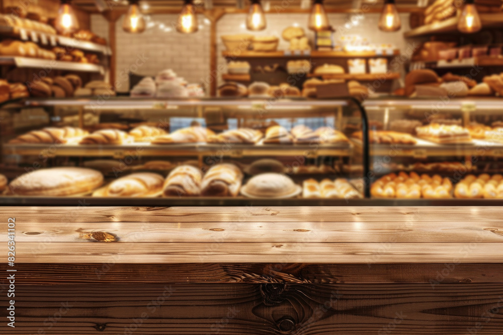 A wooden counter in the foreground with a blurred background of a bakery shop. The background shows display cases filled with fresh pastries, bread, and cakes. A wooden counter in the foreground with a blurred background of a bakery shop. The background shows display cases filled with fresh pastries, bread, and cakes.