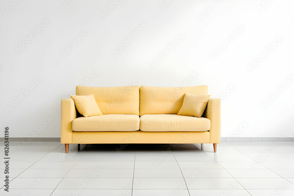 soft empty yellow sofa stands on white isolated background, comfortable fabric couch is alone against the background of white wall, copy space soft empty yellow sofa stands on white isolated background, comfortable fabric couch is alone against the background of white wall, copy space