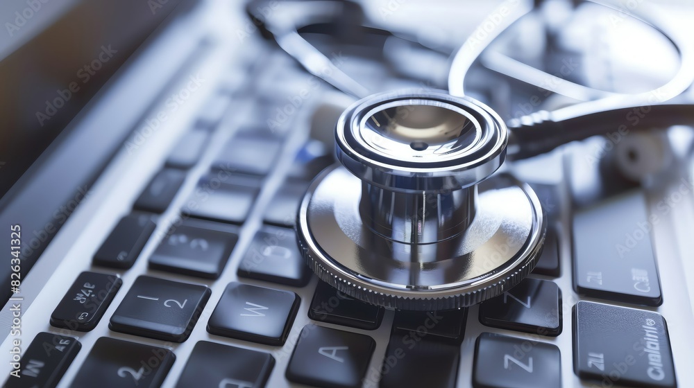 Close-up of a stethoscope placed on a laptop keyboard, symbolizing health technology and medical diagnostics in the digital age. Close-up of a stethoscope placed on a laptop keyboard, symbolizing health technology and medical diagnostics in the digital age.