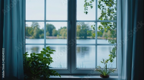 A picturesque window overlooking a serene body of water. Ideal for travel or real estate concepts