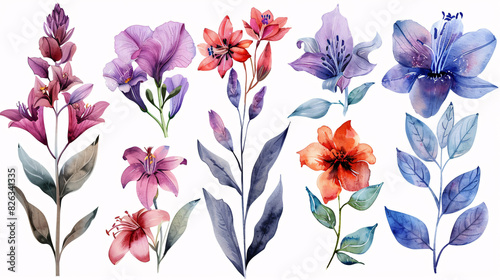 Watercolor illustrations of floral elements, including blooming peonies and nature-inspired decorations, isolated on white background